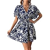 Floerns Women's Allover Floral Print Flounce Short Sleeve V Neck A Line Short Dress