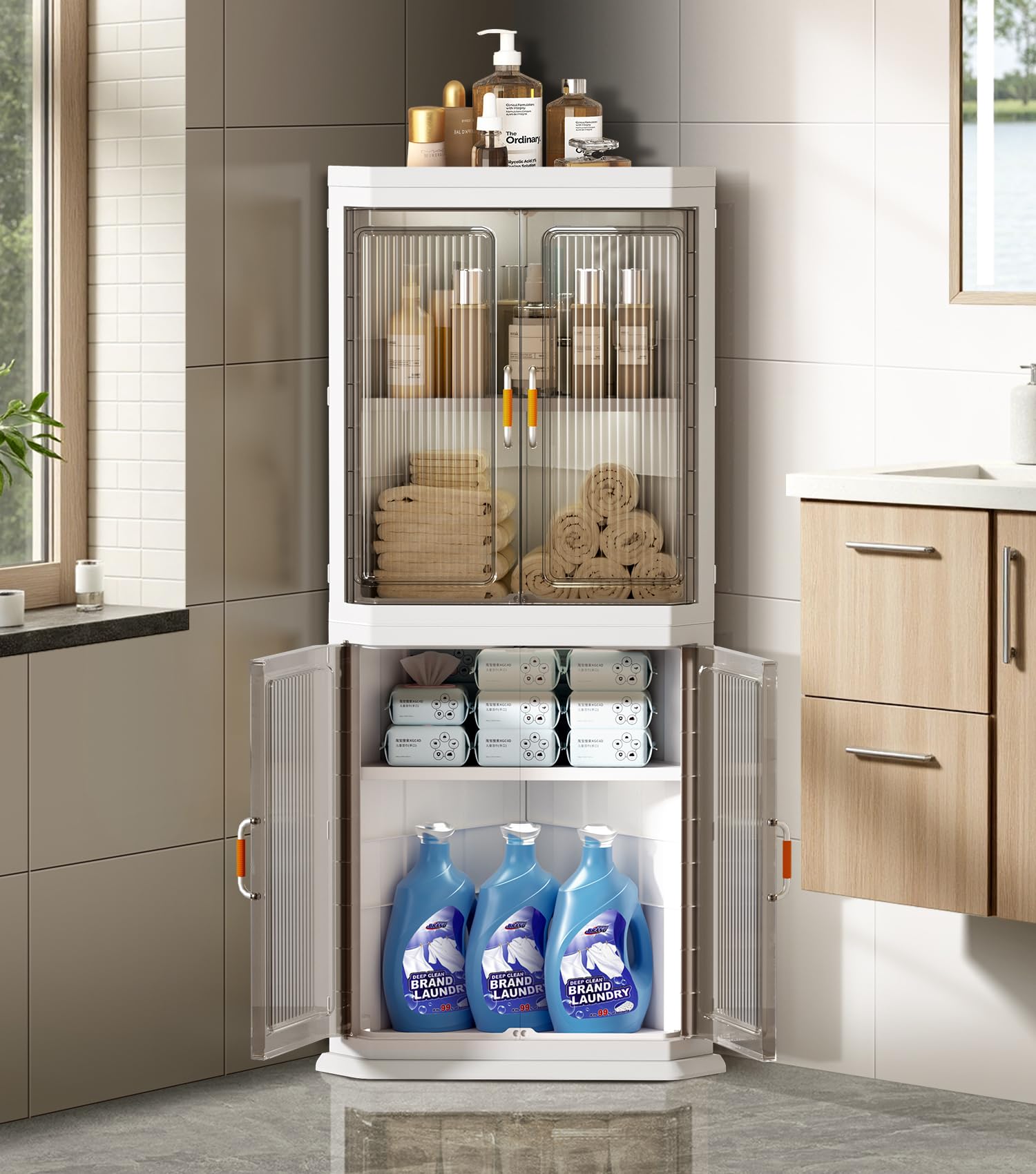 Photo 1 of ** FACTORY SEALED**BUMODEL Farmhouse Tall Storage Cabinet Organizer Plastic Bathroom Corner Shelf with 2 Doors and Adjustable Shelves Home Space Saver for Kitchen,Living Room,Laundry Room,Dining Room,Quick Assembly