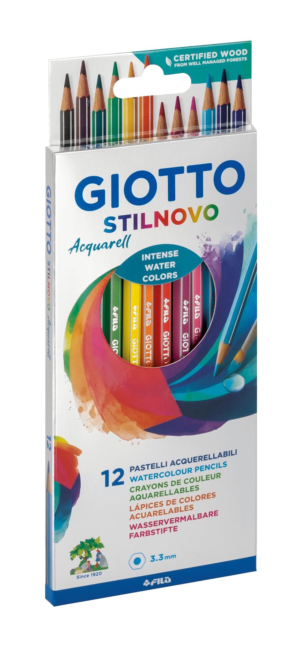 GIOTTO Stilnovo Acquarell Watercolour Colouring Pencils, 12 Assorted Colours, Ideal for Children, Parties and Schools