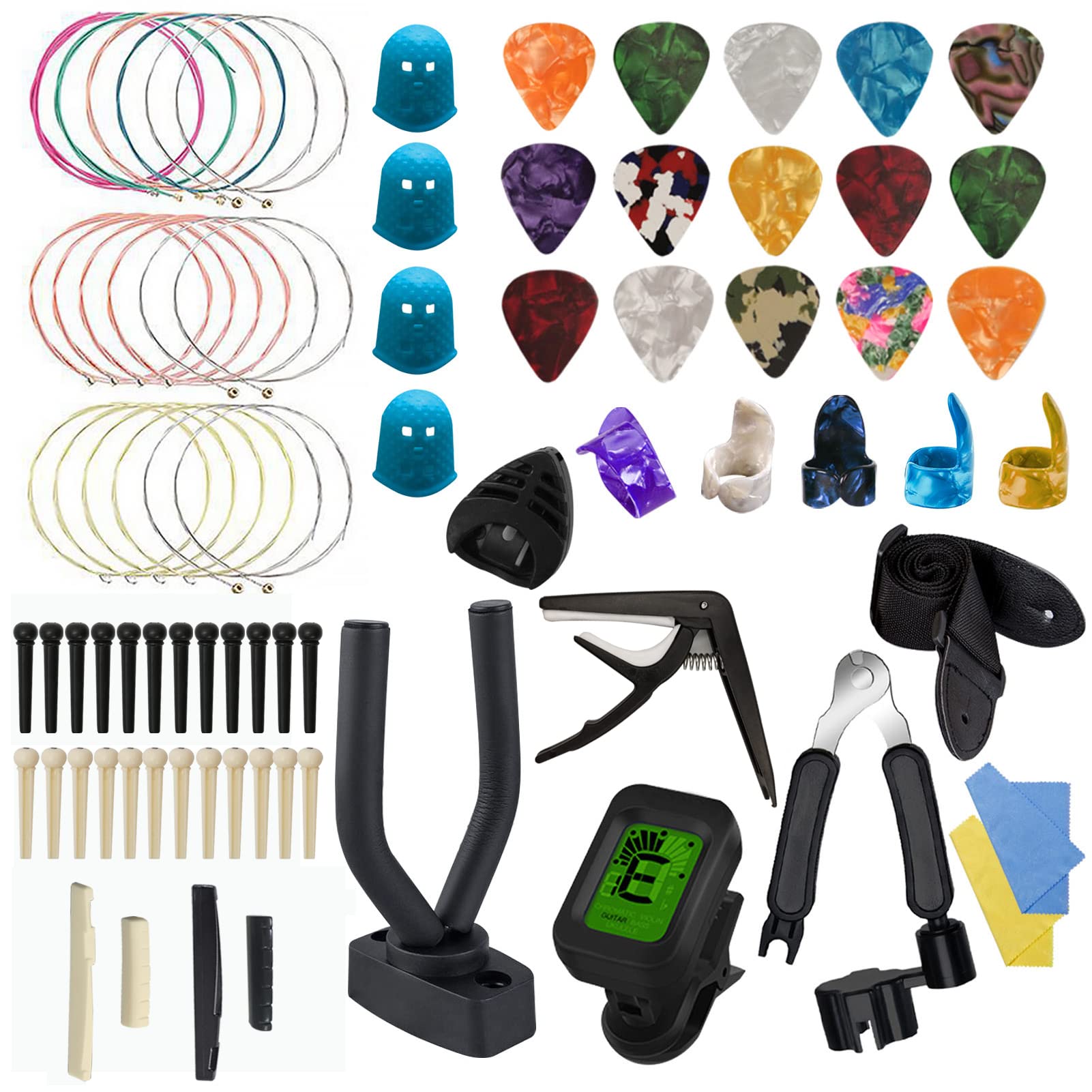 Yumzeco Guitar Accessories Kit - 78 Pcs with Wall Mount, Tuner, Strap, Capo, Strings, Picks, String Winder, Bridge Pins & More