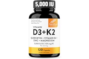 Sandhu's Vitamin D3 K2 Magnesium 5000 IU, 120mcg K2 Capsules 120 Count (Pack of 1) | with VIT B6, Zinc & Quercetin | D3K2 Supports Superior Absorption, Energy, Immune, Muscle Health for Men & Women