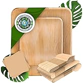 GREEN EARTHLY Palm Leaf Party Pack, Compostable, Biodegradable, Disposable, Sturdy, Eco-Friendly, Microwave Safe. 10'' & 7'' Square Plates, Wooden Cutlery & Napkins (For 25 People - 175 total items).