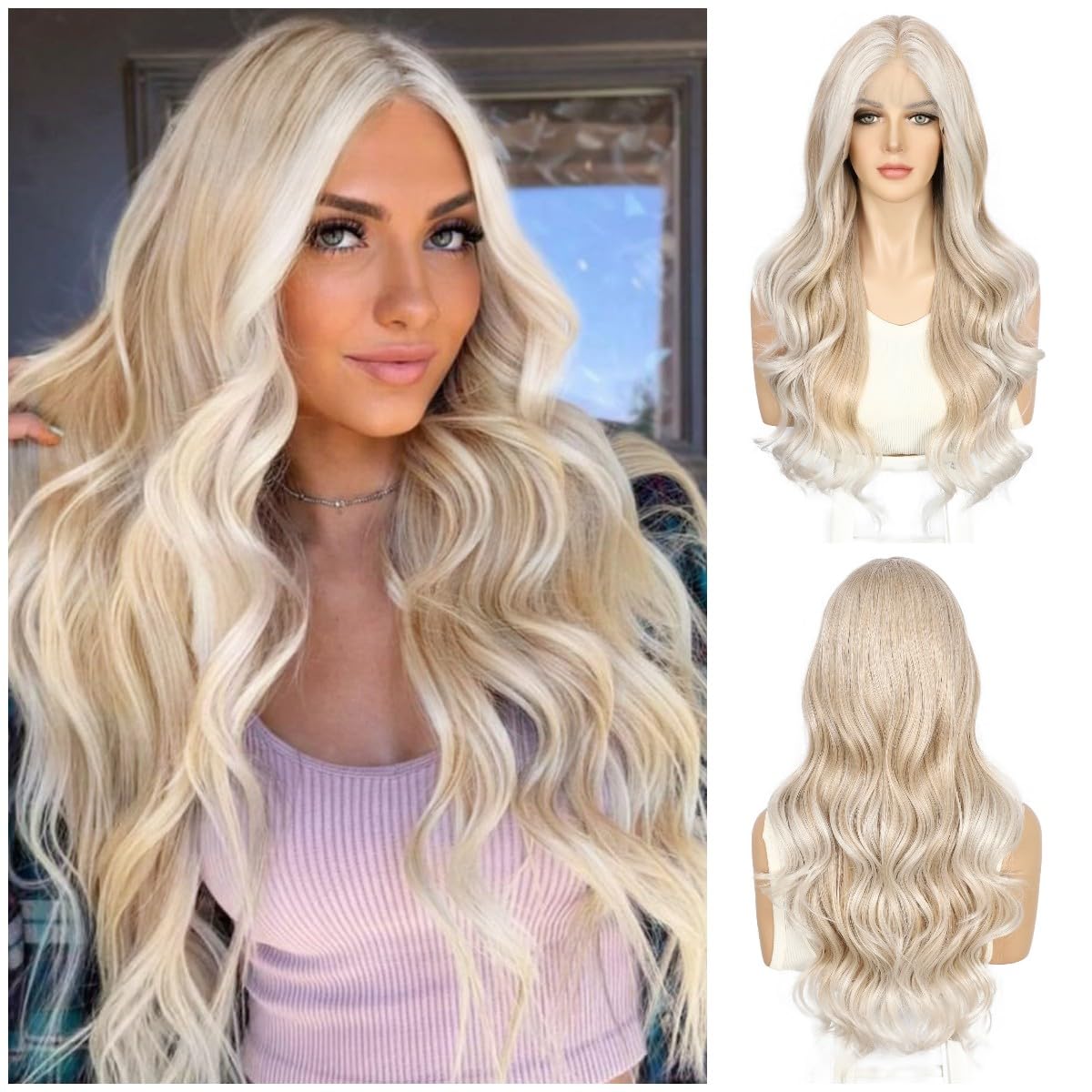Sapphirewigs Lace Front Wig Synthetic Ombre Blonde 13x4 Body Wave Synthetic Lace Front Wigs Party Date Daily Wear Christmas Natural Looking 26 inch