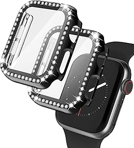 2 PACK Apple Watch Case with Tempered Glass Screen Protector for Apple Watch 38mm, Bling Diamond Rhinestone Bumper Full Cover Protective Case Compatible with iWatch Series 3/2/1, Black