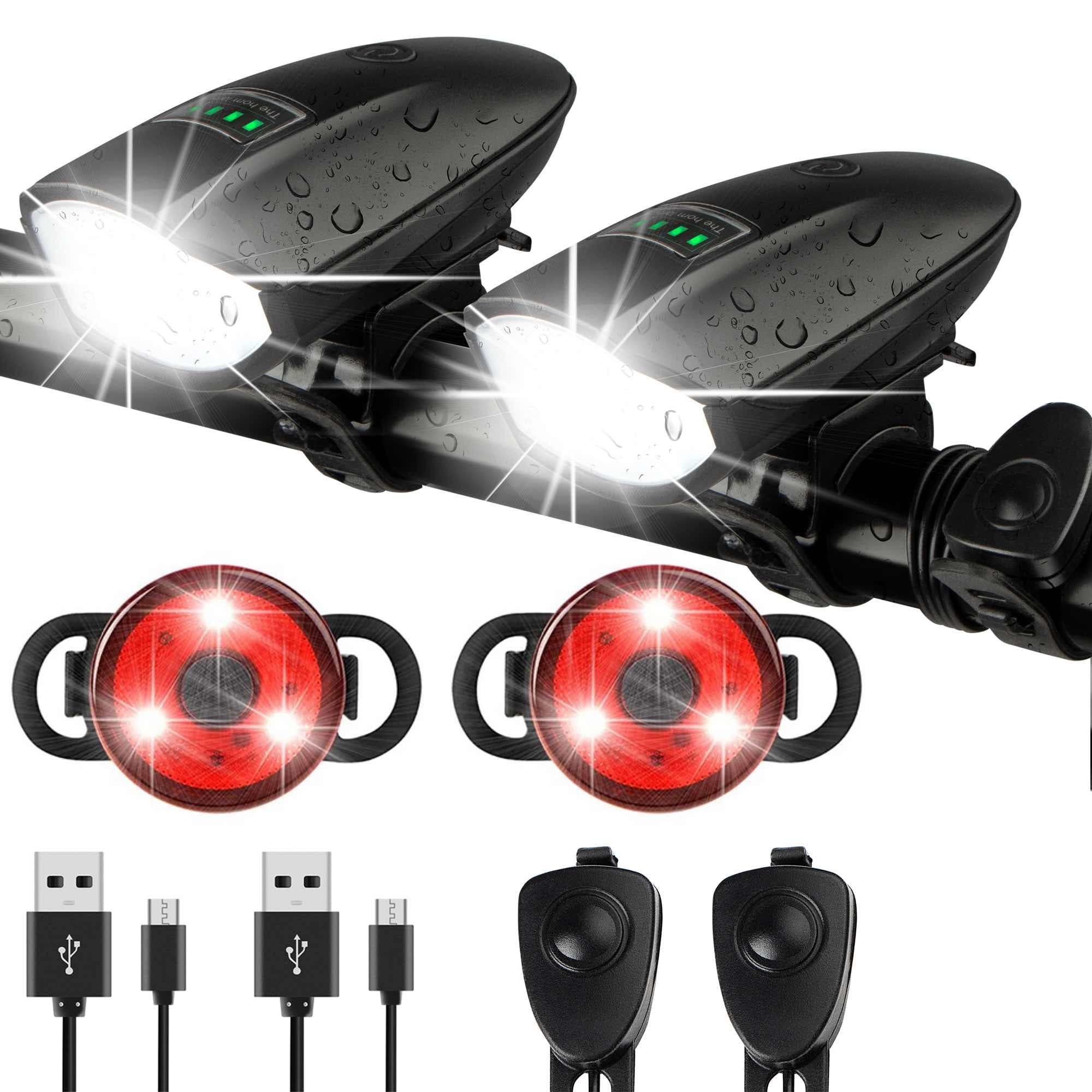 Photo 1 of 2 Pack Bike Lights Set with Horn 1400LM USB Rechargeable Bicycle Headlight & Tail Light & Horn Waterproof 3 Lighting Modes Fits Various Bicycles for Road and Mountain?Black+Black?