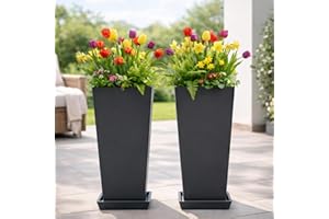 FENCY Set of 2 Tall Planters for Outdoor Plants, 24 Inch Large Tapered Pots with Drainage Trays, Weather-Resistant Plastic Plant Containers for Patio, Porch, Garden, Front Door Decor,Black