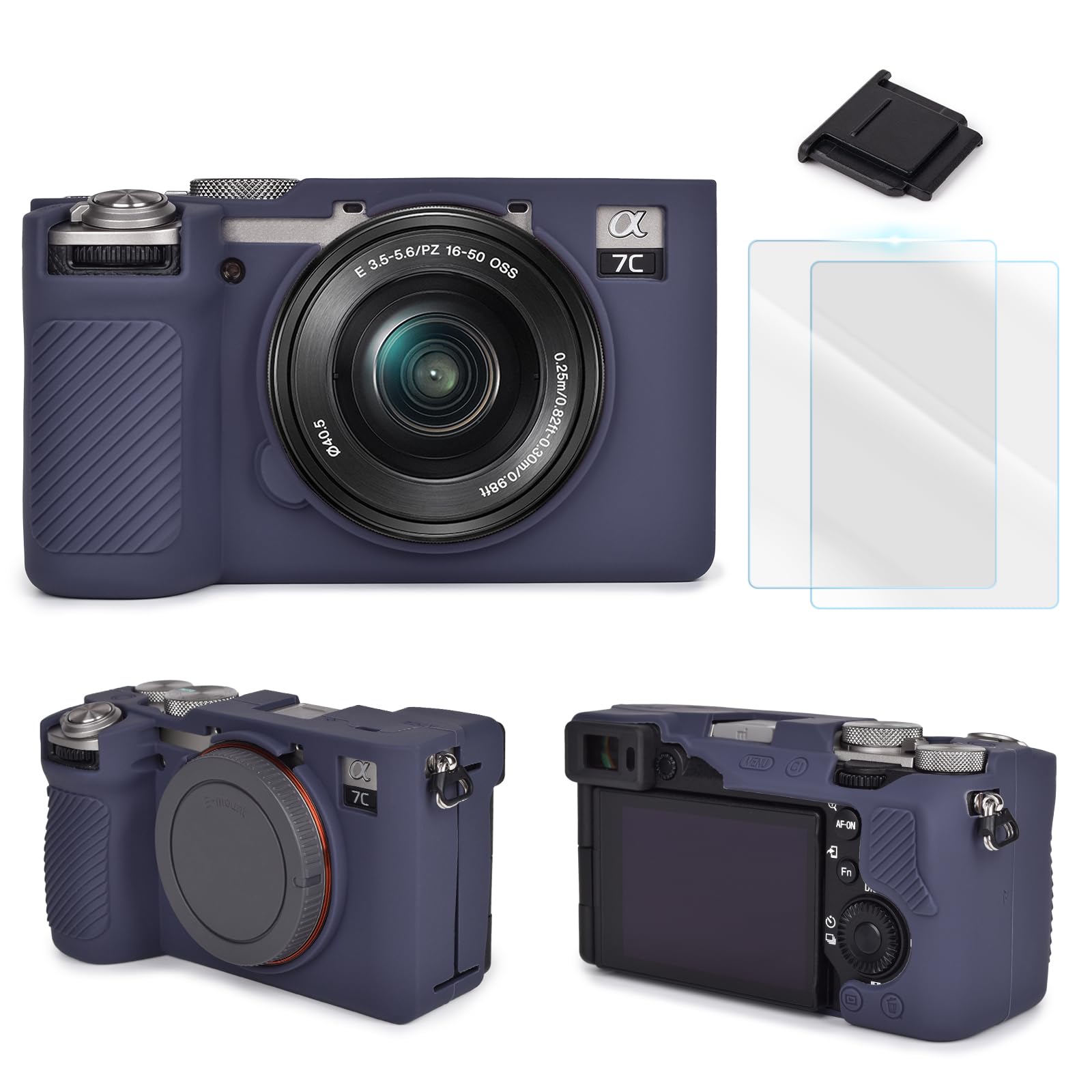A7CM2 Camera accessory Kit compatible with Sony Alpha 7C II Silicone Protective Case[DARK BLUE]&LCD Screen Protector[2 Packs]&One Hot Shoe Cover