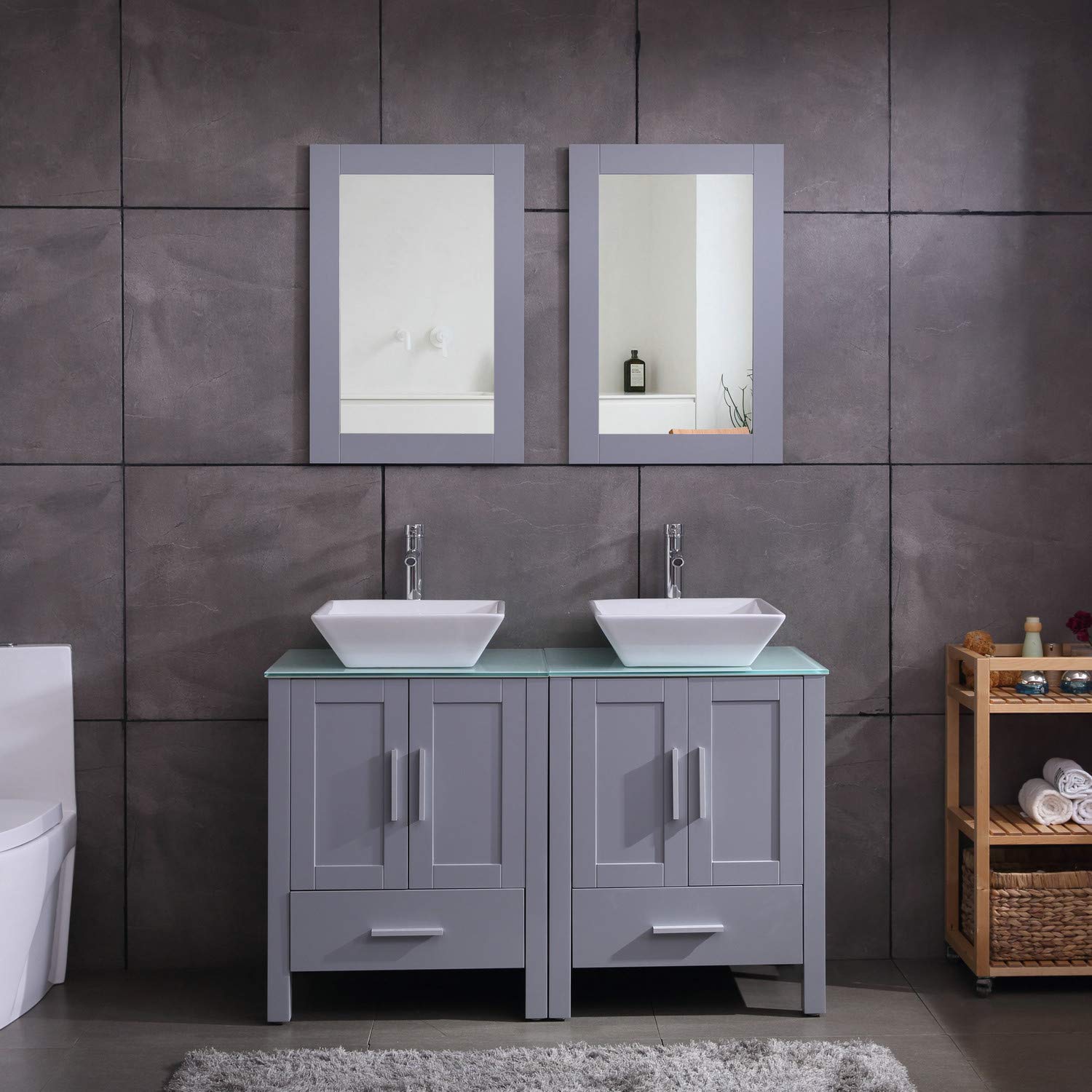 48 Double Sink Bathroom Vanity Cabinet Combo Glass Top Grey Paint Mdf Wood W Faucet 48 Double Sink Bathroom Vanity Cabinet Combo Glass Top Grey Paint Mdf Wood W Faucet