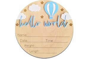 BIANSIWU Hello World Newborn Sign - 5.9” Round Wooden Baby Announcement Sign with 3D Hot Air Balloon, Clouds & Stars - Keepsake Birth Gift for Baby Boy’s First Day, Hospital, Shower, or Nursery Décor (Blue)
