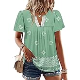 OFEEFAN Womens Summer Tops Boho Short Sleeve Shirts V Neck Fashion Lace Blouses Dressy Casual Flowy Holiday Outfits