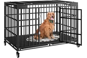 HMHTCT 54 Inch Heavy Duty Dog Crate with Wheels,Indestructible Escape-Proof Dog Kennel with Locking Latch and Double Door,Extra Large XL XXL Crate Indoor for Large and Medium Dog with Removable Tray