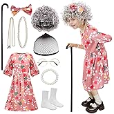 DOBGOMN Old Lady Costume for Kids Girls 100 Days of School Costume 100th Day Granny Outfit Grandma Dress Up Kit Accessory
