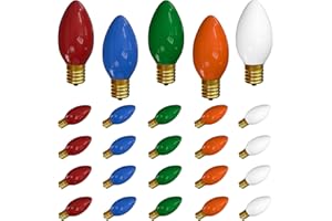 SUNSGNE 25 Pack C9 Multicolor Christmas Light Bulbs, C9 Ceramic Multicolor Incandescent Replacement Bulbs for Outdoor Vintage Christmas String Light, E17/C9 Intermediate Base- 7 Watts