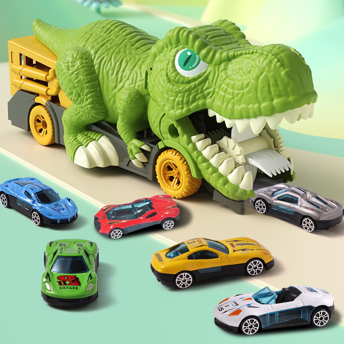 ALEENFOON Dinosaur Car Transporter Truck Toys for Boys, Tyrannosaurus Rex Monster Truck Carrier Car Toys Gift with 6pcs Mini Cars for 3-12 Year Old Kids Girls