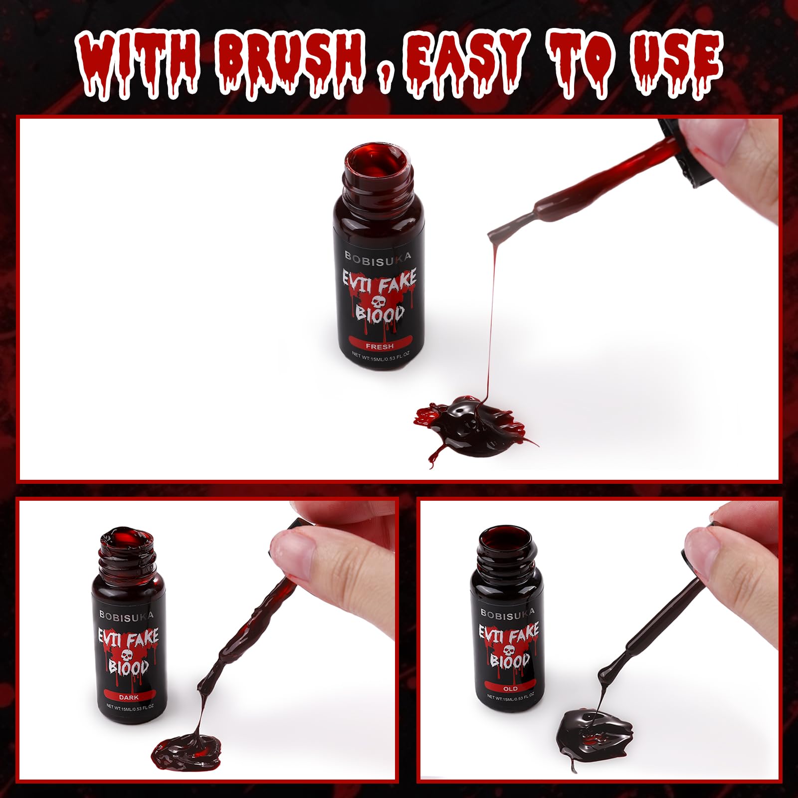 BOBISUKA 3PCS Halloween Fake Blood Makeup Kit, Dark Fake Blood 0.53oz + Fresh Fake Blood 0.53oz + Old Fake Blood 0.53oz, Realistic Washable Liquid Dripping Fake Blood Makeup Kit for Halloween, SFX Makeup, Cosplay Party, Stage, Horror Film