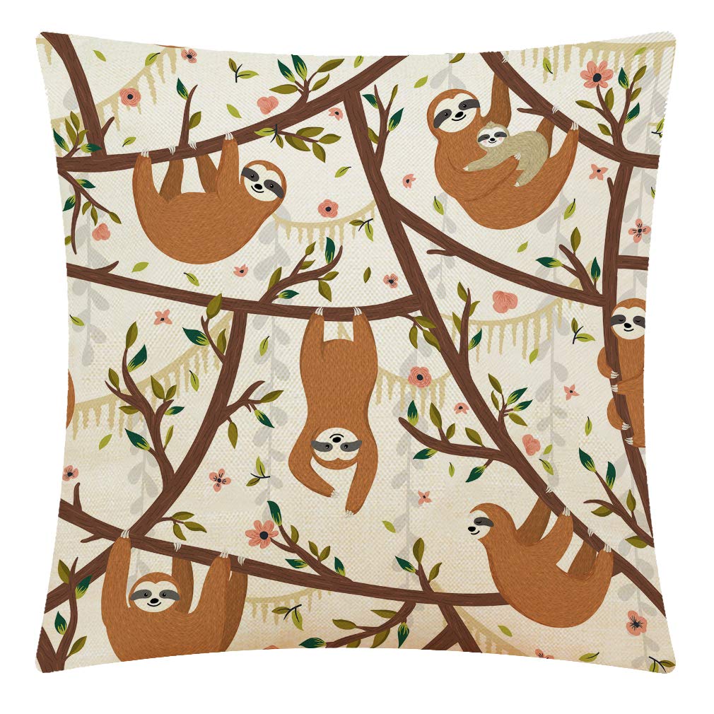 CANSEGO Funny Sloths Hanging on the Tree Throw Pillow Case,Cotton Linen Cushion Cover Square Standard Home Decorative for Sofa Bedroom Men/Women 18x18 Inch