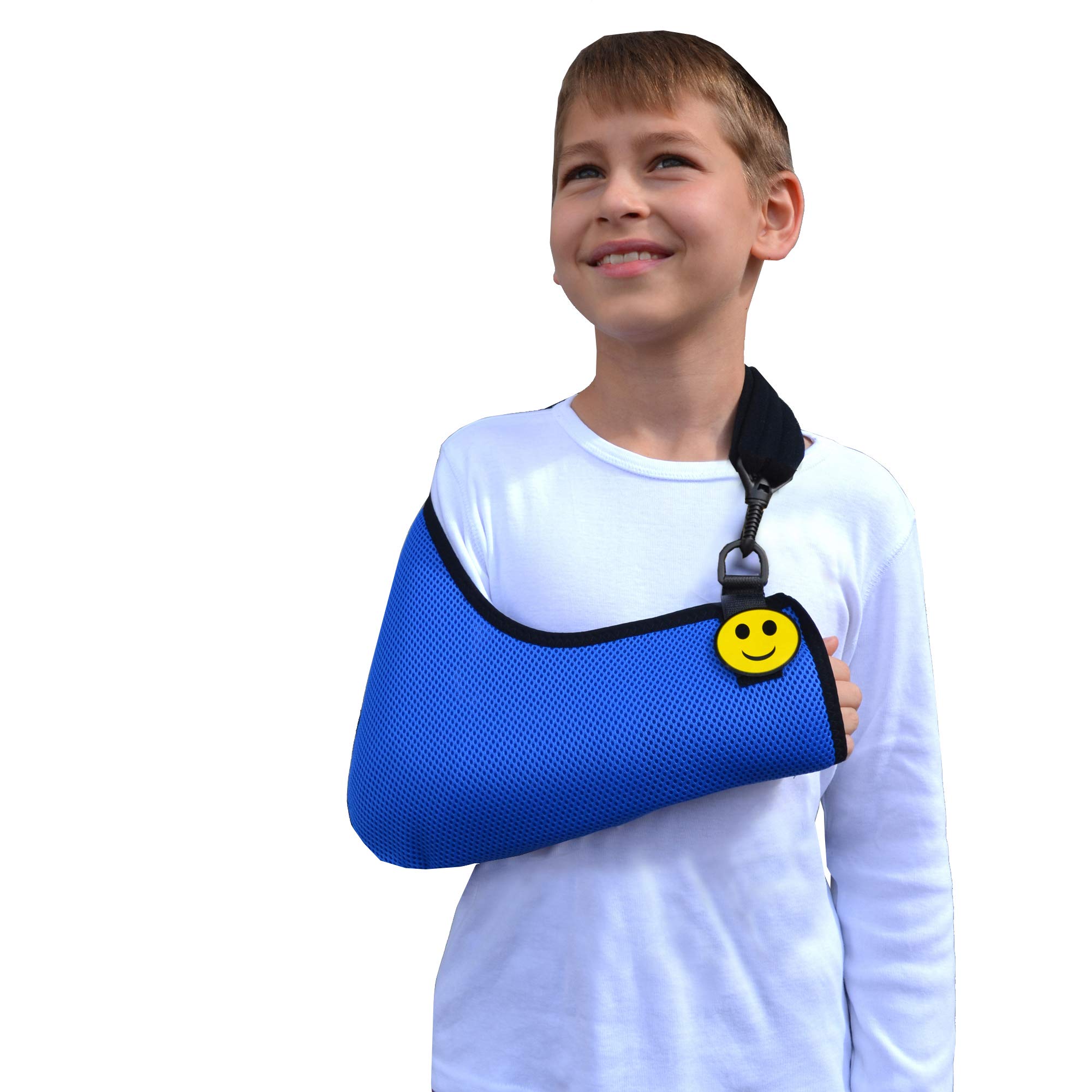4DflexiSPORT Arm Sling Child (8-9yr blue/black trim) Extra Deep, Easy-on, Cooling Ultra-comfort, Includes Smiley Sticker.