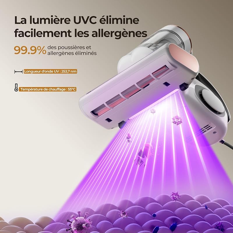 J300 Aspirateur Matelas: Anti-Acariens et Poils d'animaux, Capteur Intelligent et Lampe UV, 500W pour Lit et Canapé, Élimine Les Allergènes — photo 3 sur 8