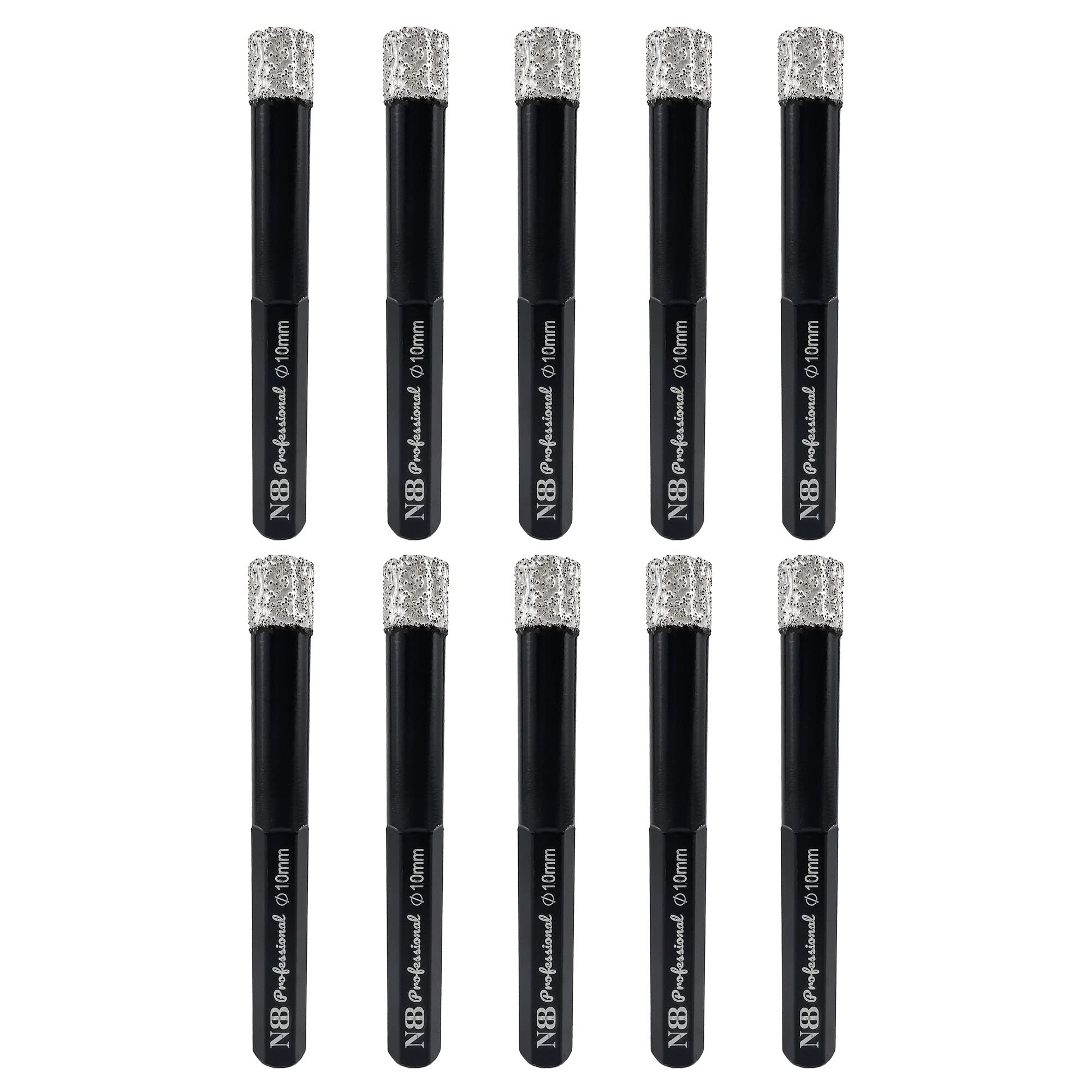 NBB Brazed Diamond Drill Bits with hex shank, for Dry drilling on hard Porcelain, Ceramic, Tile, Granite, Marble, extra longer life in wet drilling, used on cord or cordless pistol drill (10mm x10pcs) — image 1