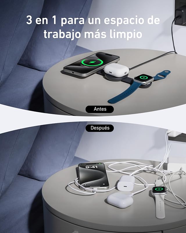 MagGo Cargador Inalámbrico iPhone 3 en 1 de Viaje, Plegable Qi2 15W