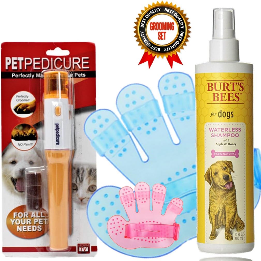 Pet Grooming Tools Set For Dogs and Cats Includes Burts Bees Waterless No Rinse Pet Shampoo, Pet Brush Mitt For Dogs And Cats With Bonus Pedicure Nail Trimmer