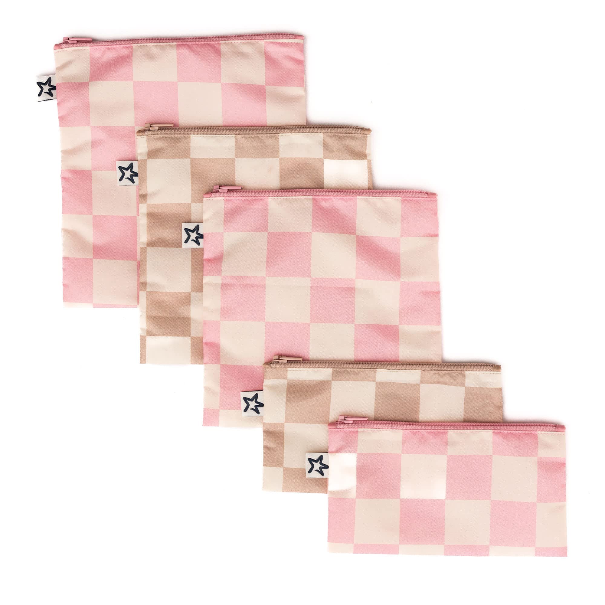 Photo 1 of Tiny Twinkle 5 Pack Reusable Snack Bags - Machine Washable, PFAS, PVC, BPA, Phthalate-Free Reusable Baby and Toddler Food Safe Snack Bags (Checkers Pink Brown)