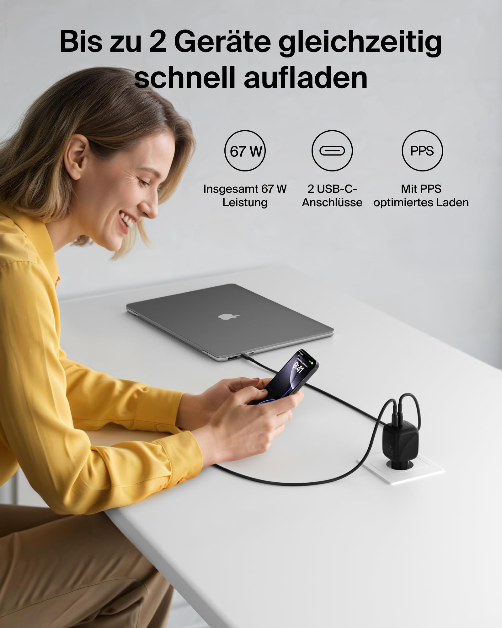 Belkin SmartProtect 2-Port USB C Ladegerät, 67W, GaN-Ladegerät, 2X USB-C, Schnellladen für Geräte wie MacBook, iPhone 17, iPad Pro, Chromebook, Galaxy S25 Ultra, Pixel 10, USB Adapter – Schwarz 2