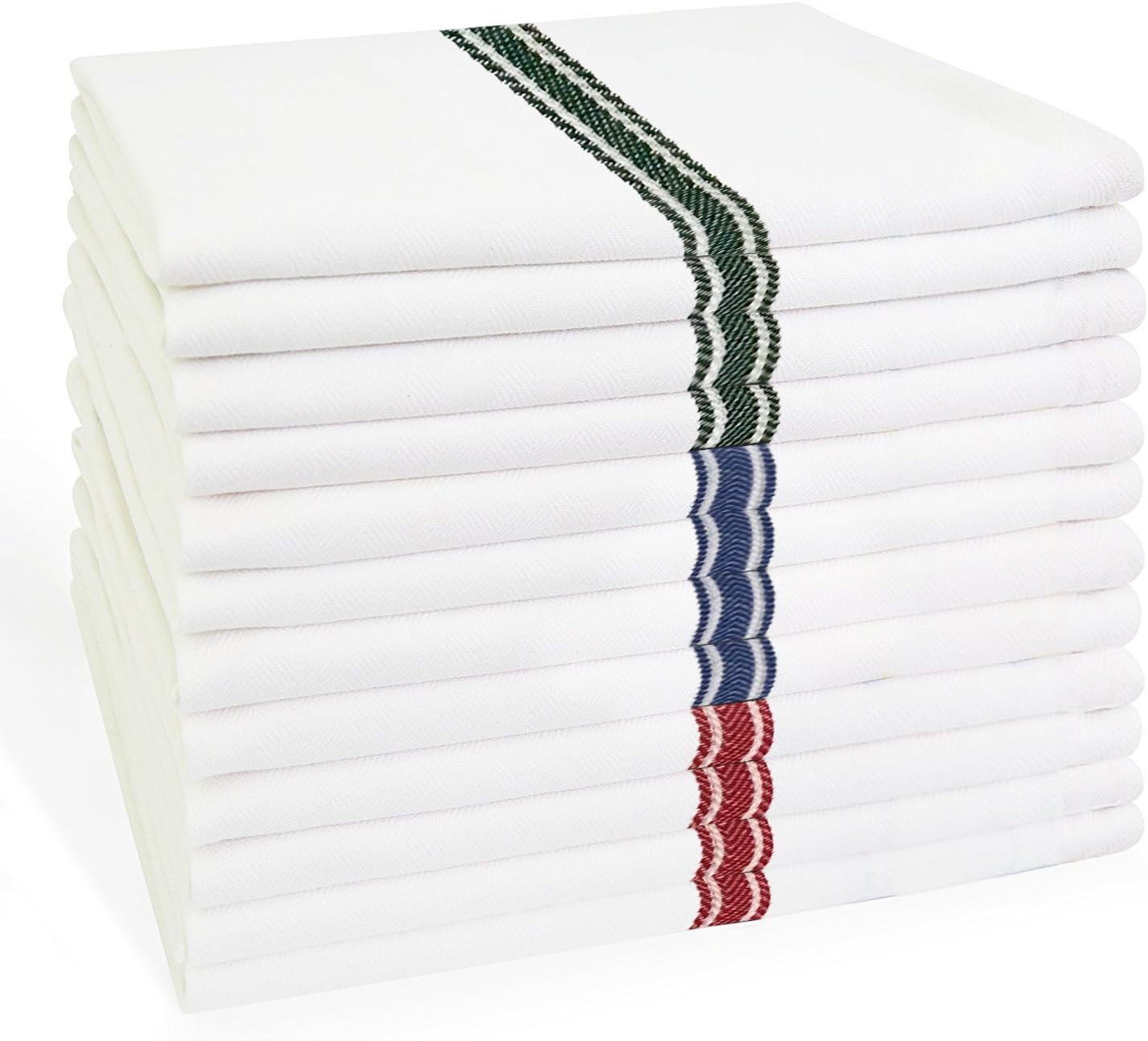Claren Kitchen Dish Towels Set of 12: Tea Towels 100% Cotton. Extra-Large Dish Cloths 28"x20" Soft and Absorbent. White Herringbone with red, Green, Blue Stripes. 4 of Each. Fine Linen