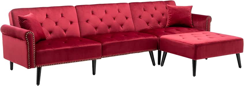 Amazon Com Homefun Sectional Sleeper Sofa Bed Convertible Sectional Sofa Couch With Reversible Chaise For Living Room Small Rooms Red Kitchen Dining