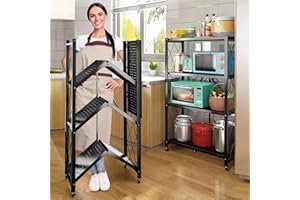 BRIGHTSHOW 4 Tier Storage Shelves Unit, Foldable Garage Shelving Metal Wire Shelf Rack, No Assembly Baker Rack Organizer Microwave Stand for Kitchen, Basement, Pantry, Laundry Room (4 tire Shelf)
