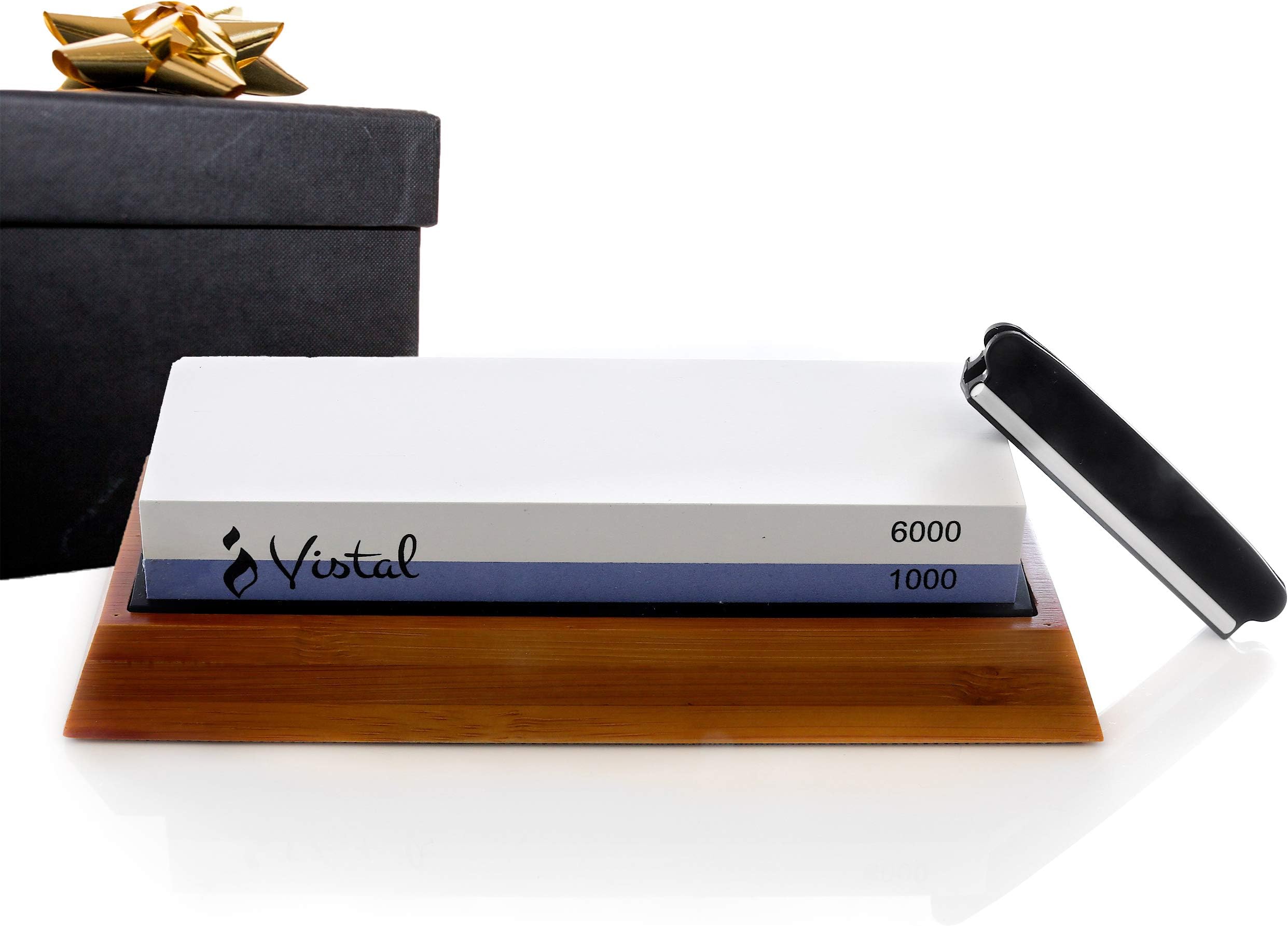 Knife Sharpener Whetstone with Bamboo Base | 2 Sided Waterstone, 1000/6000 Grit Kitchen Chef Knife Sharpening Stone | Course and Fine Wet Stones | Chef Sharpening Stone | Complete Set | Angle Guide