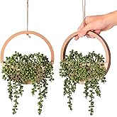 JUSTOYOU 2pcs Fake Hanging Plants Artificial Succulents Wooden Hanging Planter Artificial String of Pearls with Pot and Lanyard for Living Room Bathroom Indoor Outdoor Boho Wall Decor