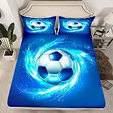 Football Fitted Sheet Sports Games Theme Bed Sheets for Kids Boys Girls Teens Soccer Game Bedding Set Blue Bling Luxury Bedroom Decor, Twin Size 1 Fitted Sheet with 1 Pillow Case(No Top/Flat Sheet)