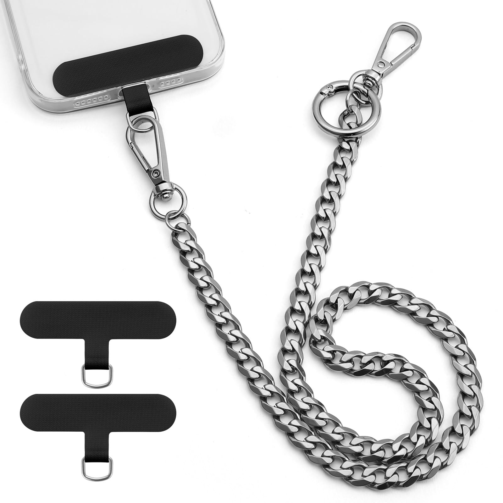 OUTXE Anti Theft Phone Chain, 19.6" Heavy Duty Metal Belt Strap with 2 Pack Phone Patch for All Smartphones, Pants Chain for Wallets, Keys