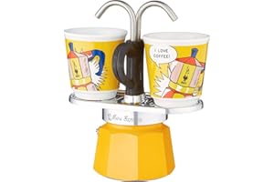 Bialetti - Mini Express Lichtenstein: Moka Set includes Coffee Maker 2-Cup (2.8 Oz) + 2 shot glasses, Yellow, Aluminium