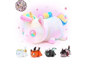 KOWSI 61-PCS 11-inches Unicorn Cat Plush + 60-Sticker - Meemeows Popular Cat Plush Collection - 100% Polyester Plushie Pillow Embroidered - Soft Stuffed Animal Collectible (Unicorn Cat)