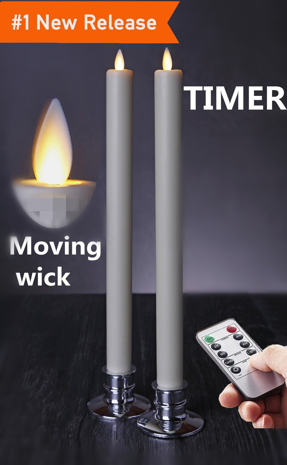 11" Remote Control Moving Wick Flameless Tall Taper Candles with Candle