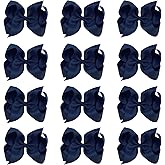 Oaoleer Big Hair Bows for Girls 12 PCS 6" Navy Grosgrain Ribbon Large Boutique Bow Alligator Clips Hair Accessories for Toddlers Little Girls Kids