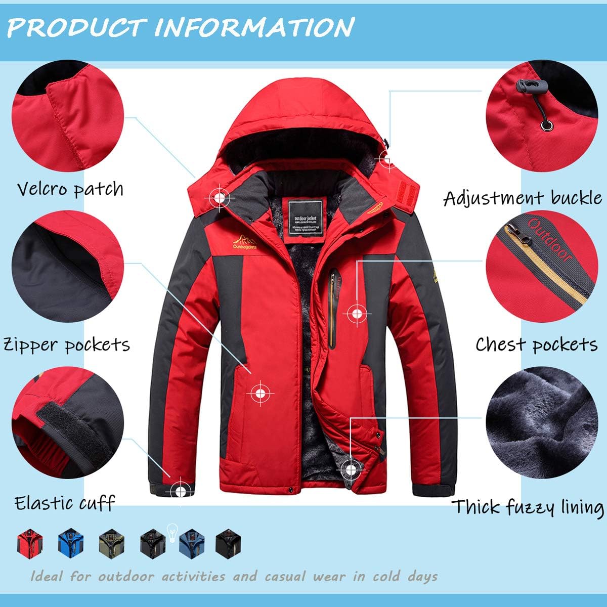 TACVASEN Men's Outdoor Jackets Winter Waterproof Windproof Ski Snowboard Fleece Lined Jacket Hooded: Clothing