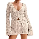 Women Crochet 2 Piece Outfits Set Swimwear Cover Up Flared Long Sleeve Button Down Tops Beach Mini Skirt Vacation Outfits