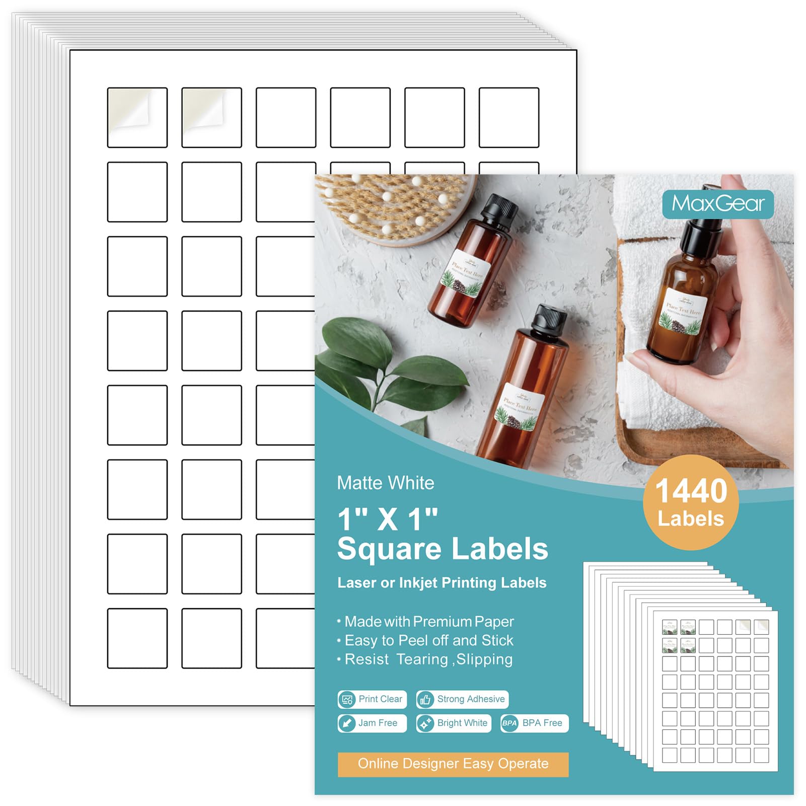 Photo 1 of **2**PACK  MaxGear 1" x 1" Square Labels, for Inkjet or Laser Printer, Matte White Printable Sticker Paper Labels Sheets, Strong Adhesive, Dries Quickly, Holds Ink Well, 1440 Pcs