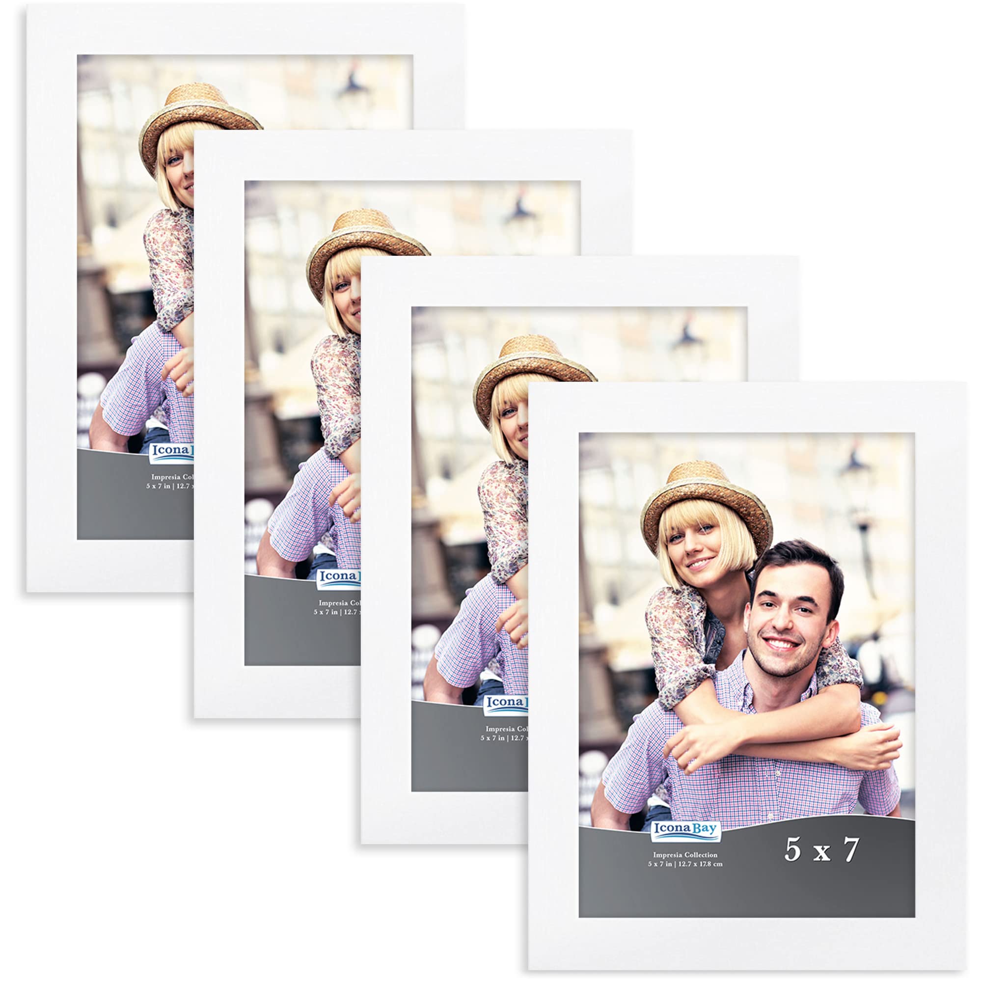 Icona Bay 7x5 Picture Frame Set (White, 4 Pack), Simple Modern Design, Table Top Kickstand and Wall Hanging Hooks Included, Impresia Collection