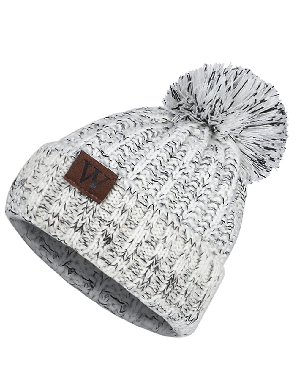 EVRFELAN Winter Fox Pompom Beanie Cable Knit Warm Hat Ribbed Ski Skull Cap (Grey)