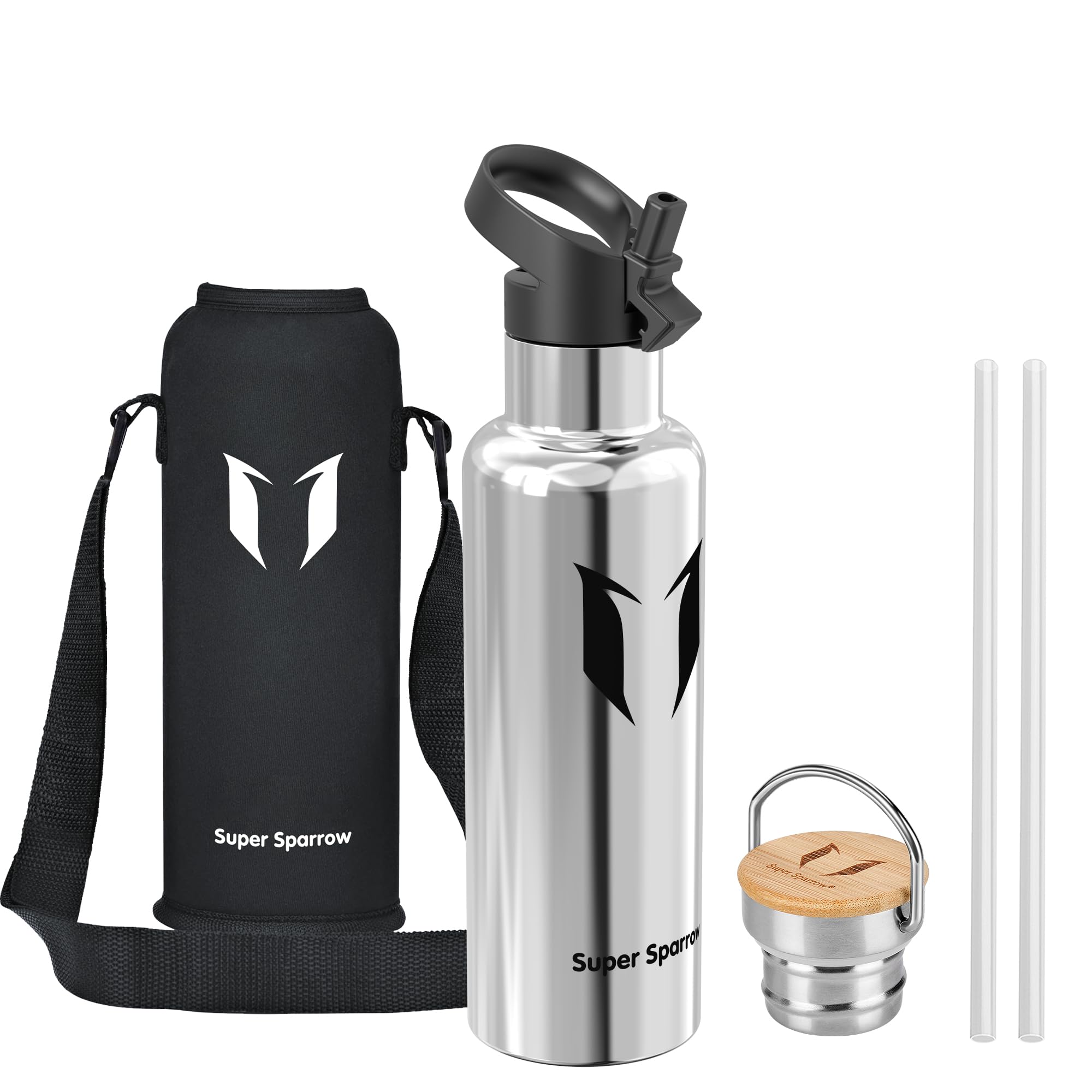 Super Sparrow Stainless Steel Water Bottle - 750ml - Vacuum Insulated Metal Water Bottle - Standard Mouth Flask - BPA Free - Straw Water Bottle for Gym, Travel, Sports