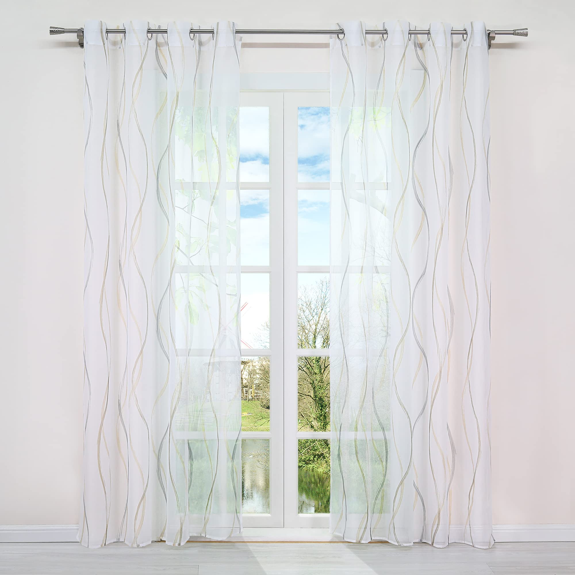 HongYa 1 x Sheer Voile Curtain with Eyelets Wave Print H x W 225 x 140 cm Sand