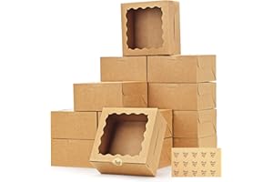 Moretoes 24pcs Bakery Boxes, 6x6x3in Brown Cookie Boxes, Mini Cake Boxes with Window Included Parchment Paper and Stickers, Pastry Boxes for Party, Wedding, Mother's Day, Birthday Day