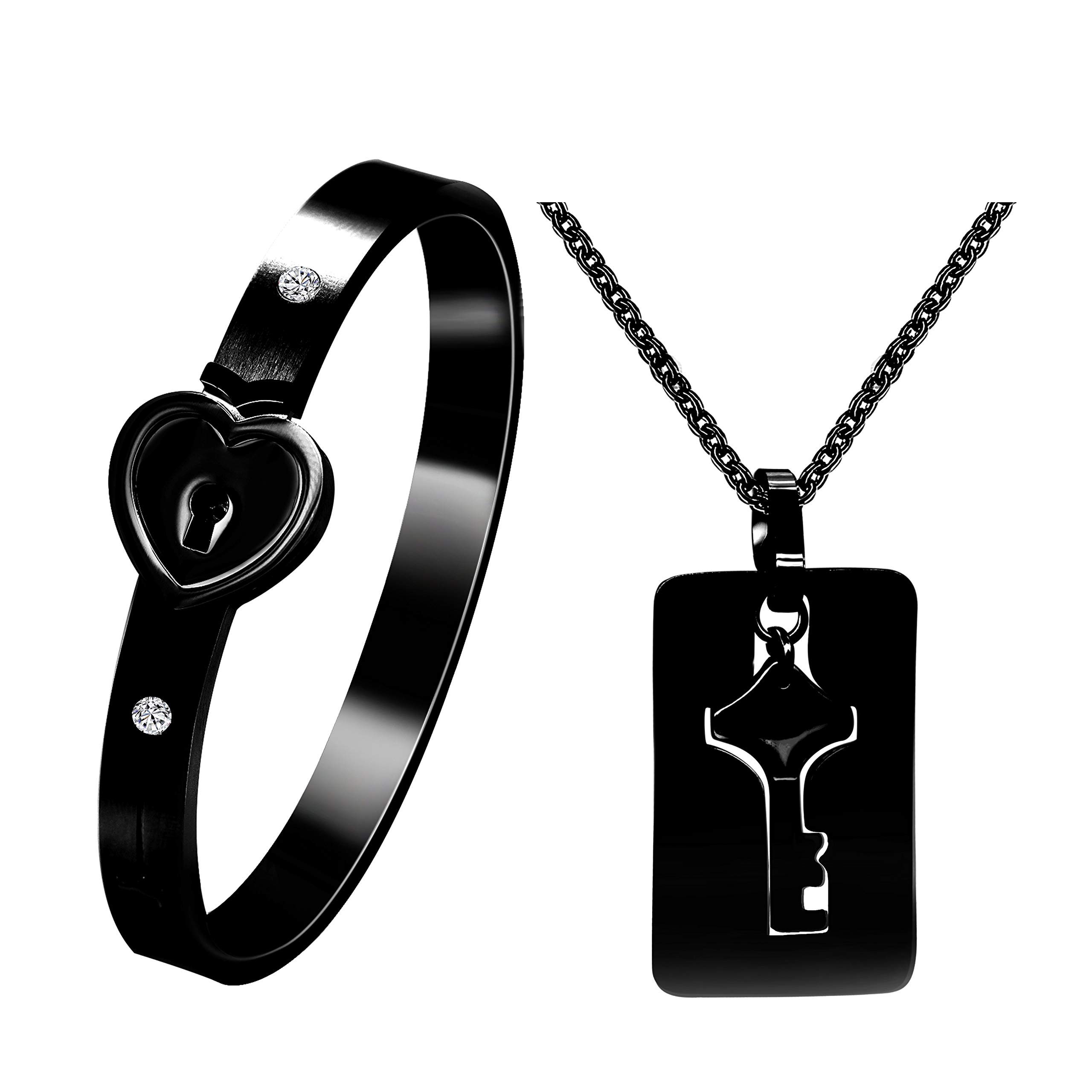 Uloveido Titanium Matching Puzzle Couple Heart Bracelet and Key Pendant Necklace for Men and Women Bracelet Necklace Couple Jewellery Set for Girlfriend Boyfriend (Black-2.37inch) — image 1