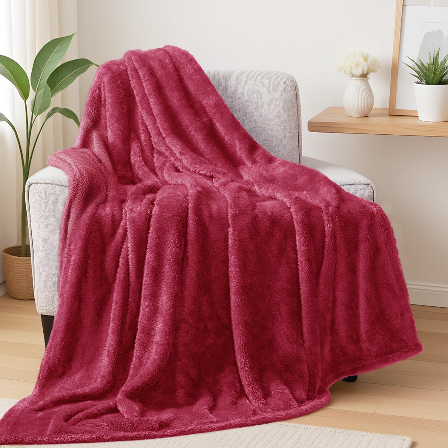 Exclusivo Mezcla Plush Fuzzy Fleece Throw Blanket 127x178 CM, Super Soft, Fluffy and Warm Blankets for Couch, Bed, All Season Use, Burgundy