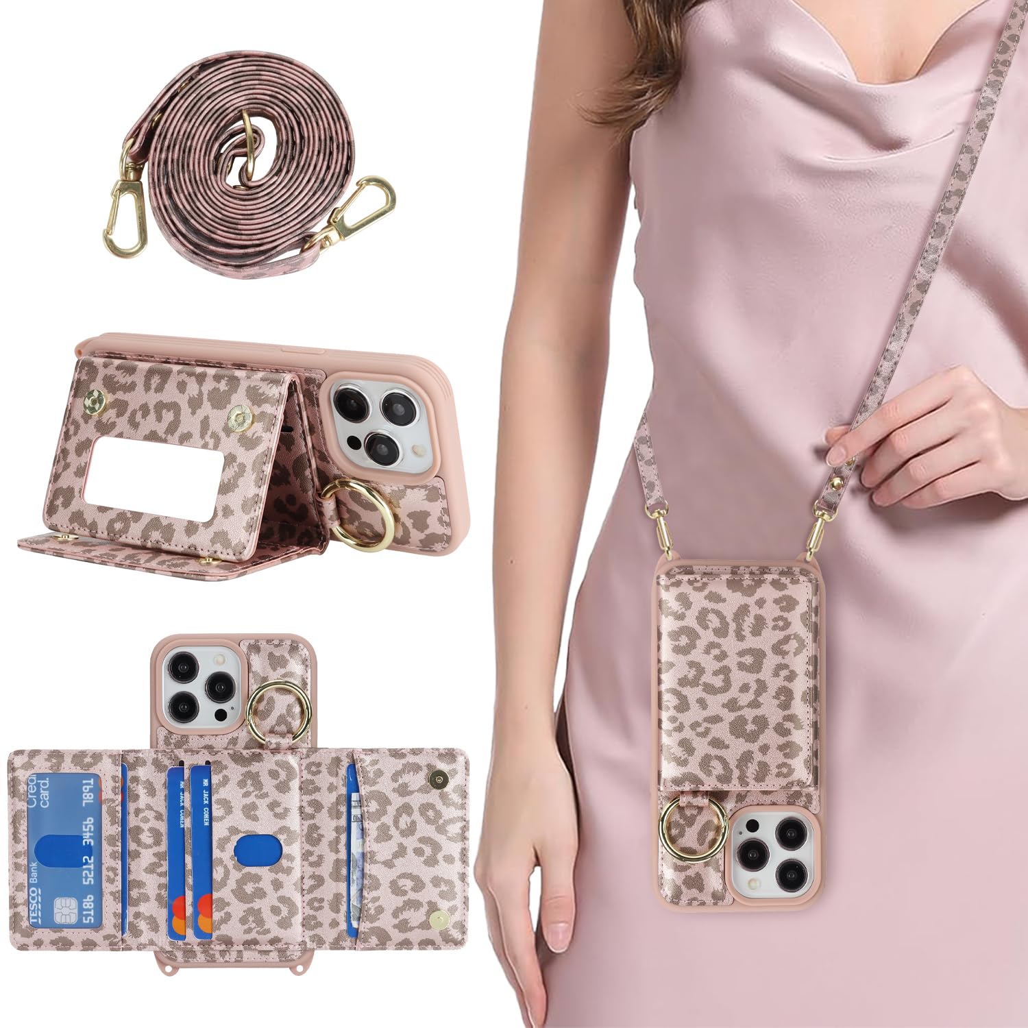 DEYHU for iPhone 12 pro max Case with Card Holder and Strap for Women,Crossbody Lanyard, Make Up Mirror,Ring Stand,Snap Clasp,Cute Phone Wallet Cases 6.7 inch - Rose Gold Leopard