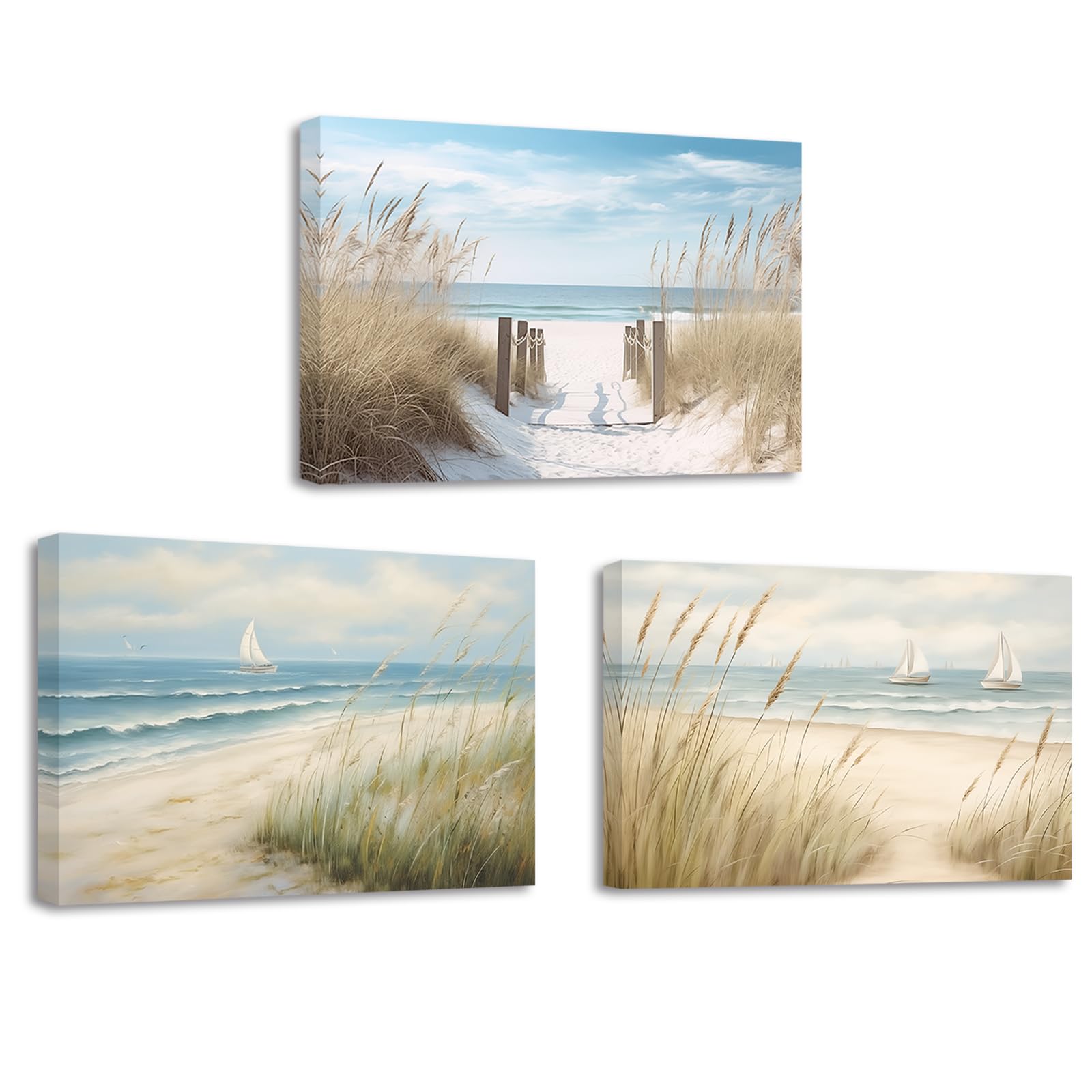 ZXHYWYM Coastal Wall Art 3 Pieces Beach Pathway Sailing Boat Picture Print on Canvas Seascape Artwork Rustic Ocean Bathroom Decor Framed(2, (11.00" x 14.00" x 3PCS))